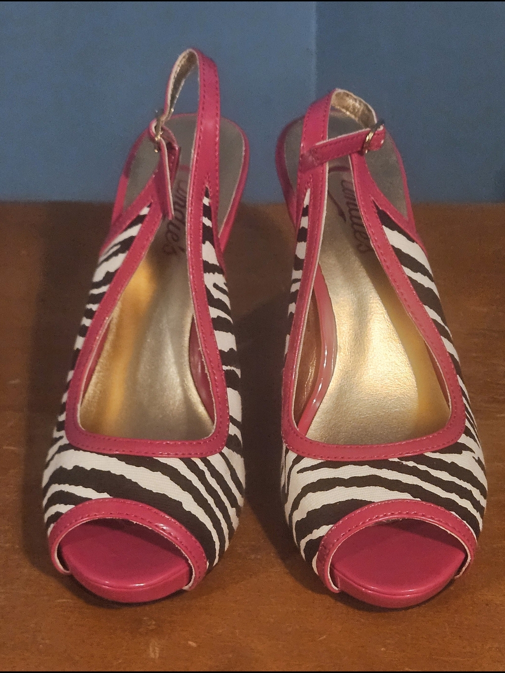 Candie's Zebra Print Peep-Toe Slingback Heels with Hot Pink Trim
